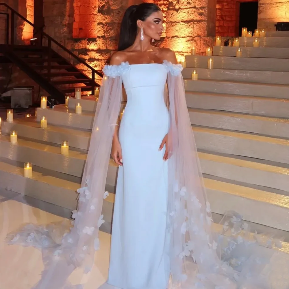 

Fashion Jersey Off the Shoulder Evening Dress with 3D Flowers Women Floor Length Wedding Party Guest Customized Autumn Gowns