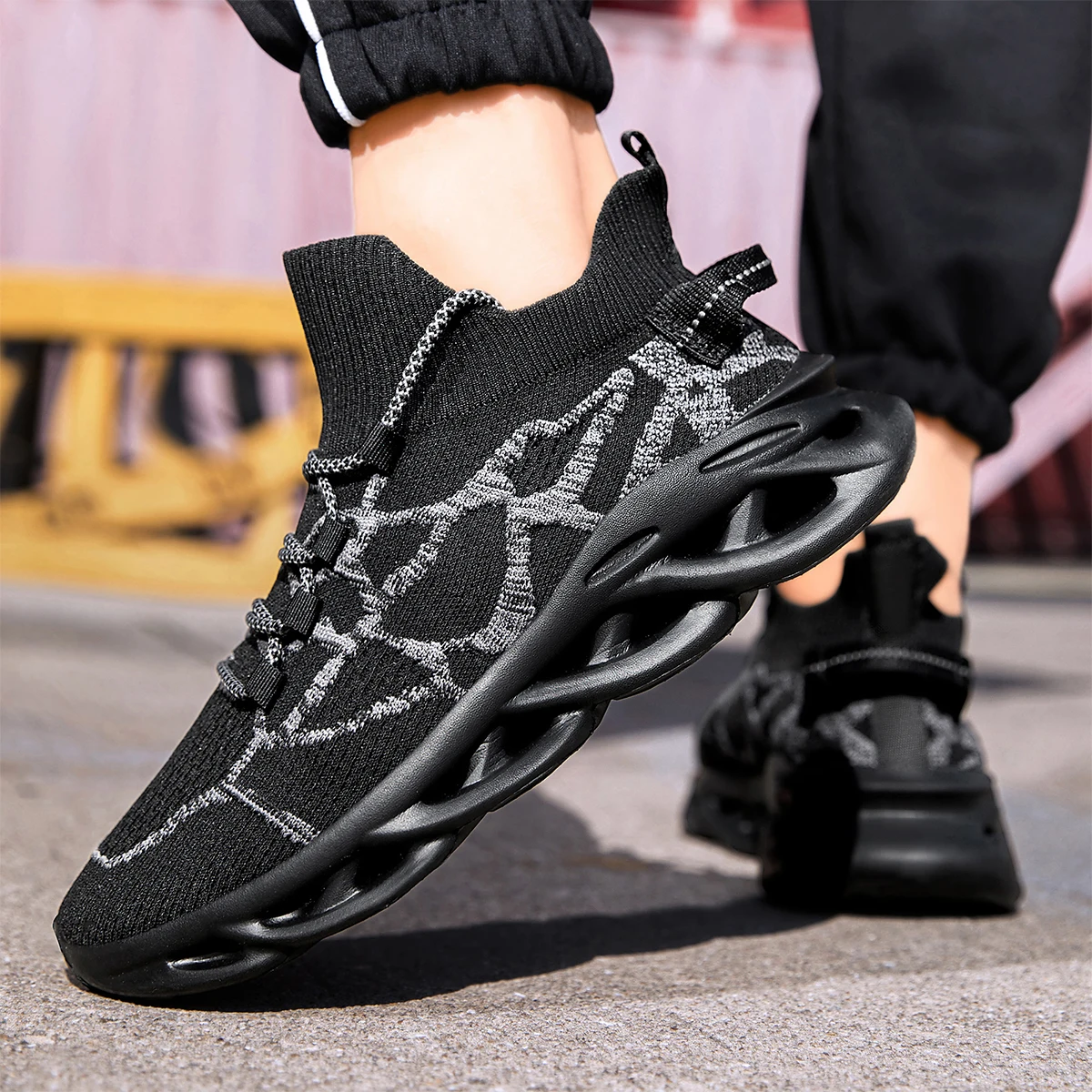 Men’s High Top Mesh Knit Walking Shoes, Slip-On Breathable Sneakers, Cushioned Hollow Sole Street Casual Shoes