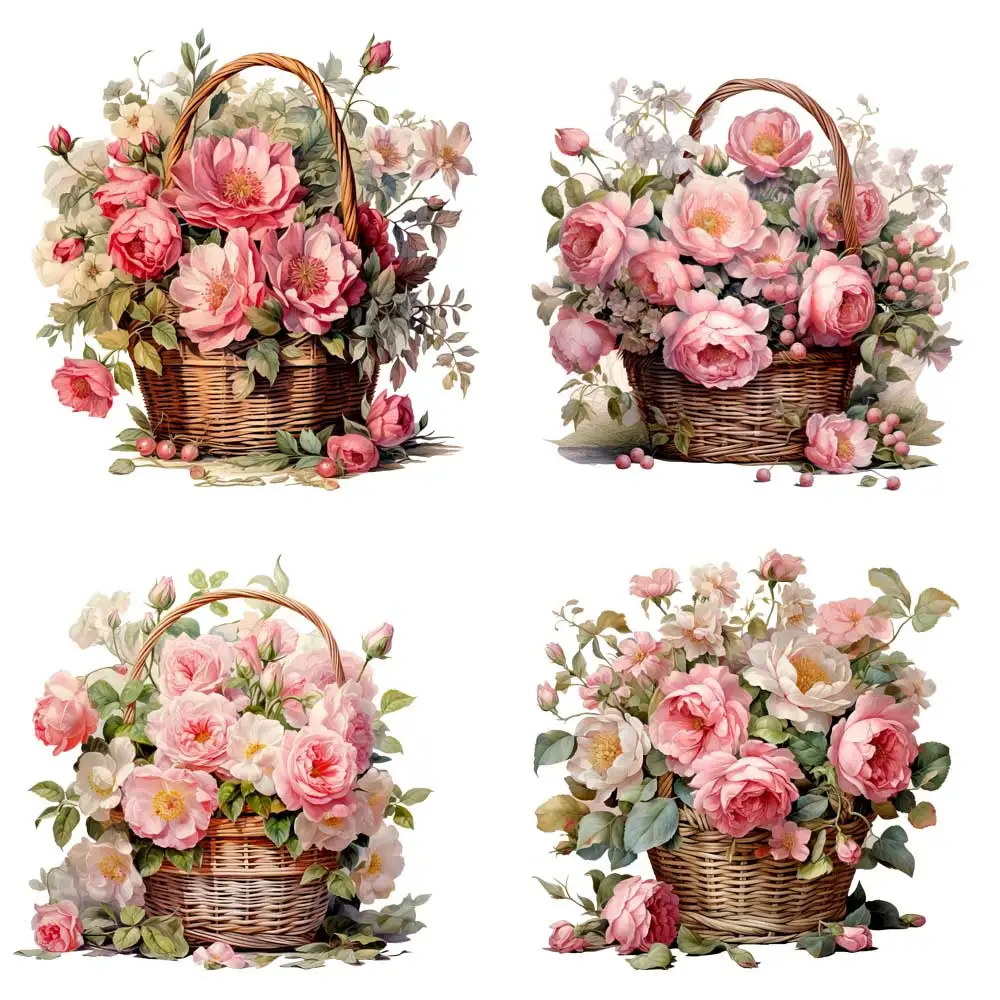 Chic Basket Of Wild Roses Iron-on Transfer For Clothing DIY A-Level Washable T-shirts Thermal Stickers Beautiful Flowers Patches