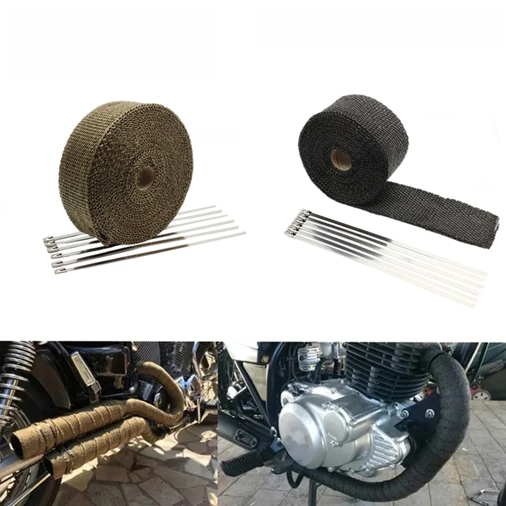 AliExpress PowerMotor Motorcycle Exhaust Thermal Tape Sports Muffler Wrap 5cm 5M 10M 15M Heat Shield Resistant Heat with Stainless Ties Dirt Bike Car