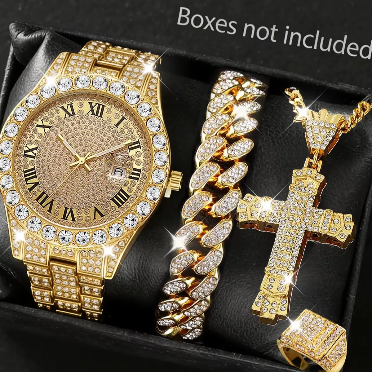 4-Piece Set, Men's Luxury Fashion Sparkling Quartz Watch with Cuban Bracelet, Cross Necklace, and Ring Set, Trendy and Fashionable, an Excellent Gift for Him.