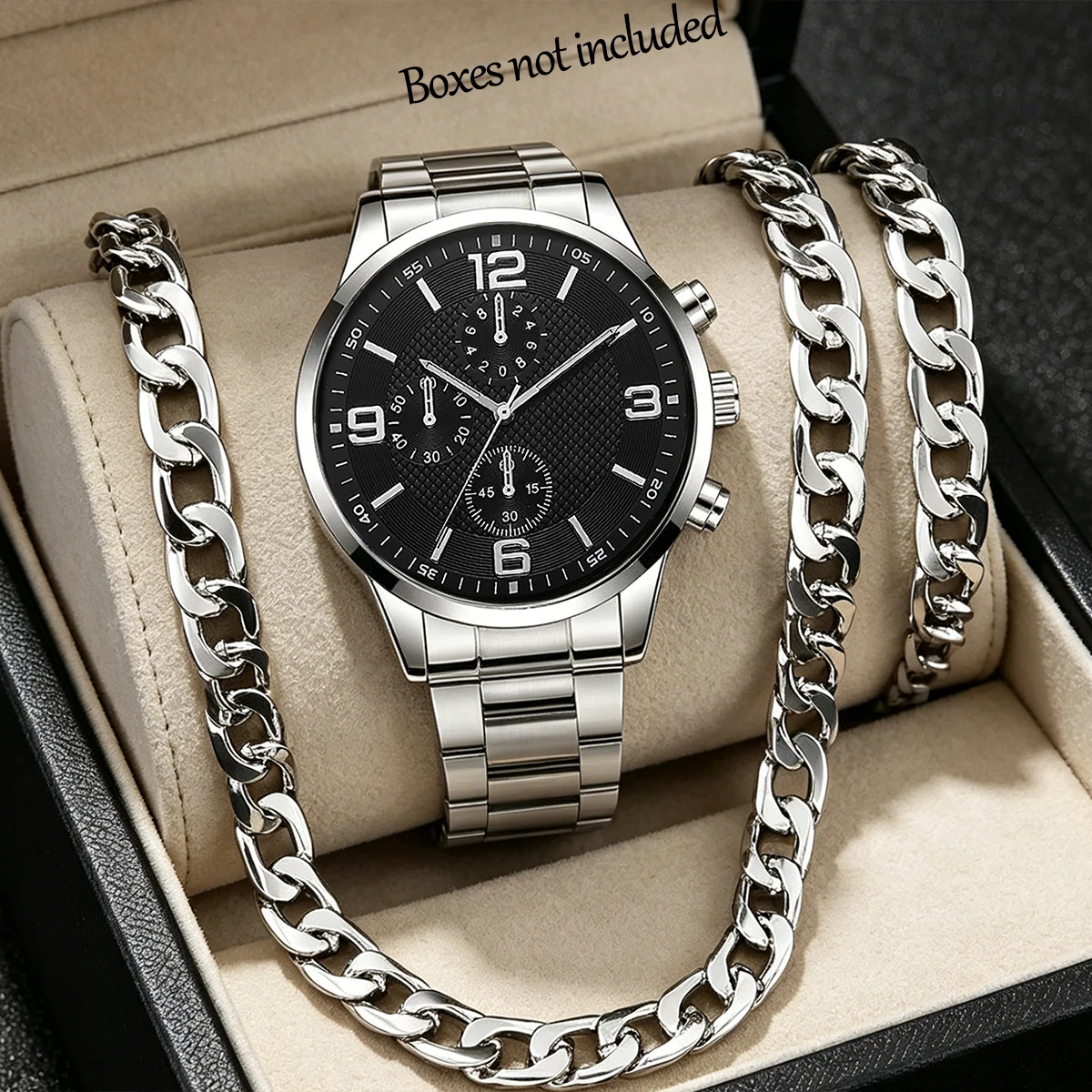 3-Piece Set, Men's Casual Fashion Quartz Watch with Bracelet and Necklace, Trendy Men's Wristwatch, Suitable for Business Men, Simple and Everyday Wear, Great Gift for Halloween, Christmas, New Year, and Other Holidays.