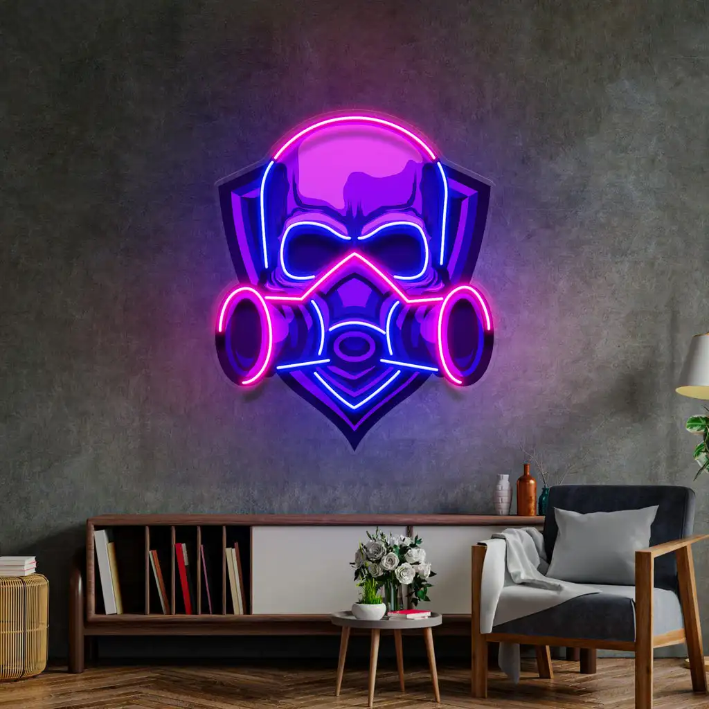 

Skull Neon Sign Wall Decor Cool Boys Bedroom Mask UV Printed Dimmable Neon Bar Beer Club Man Cave Game Room Sign Home Decor