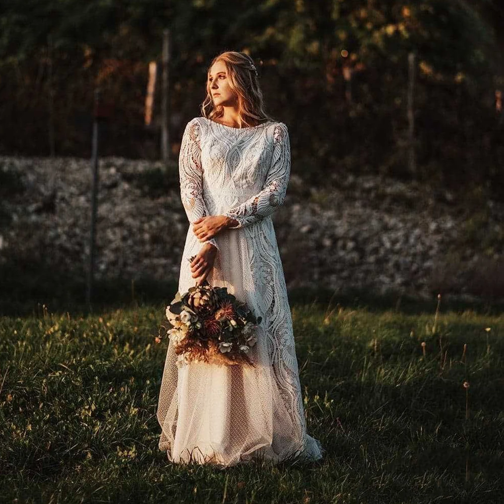 Barco bateau pescoço mangas compridas vestido de noiva uma linha recorte laço aberto para trás tamanho grande boêmio recorte laço boho rústico vestido de casamento