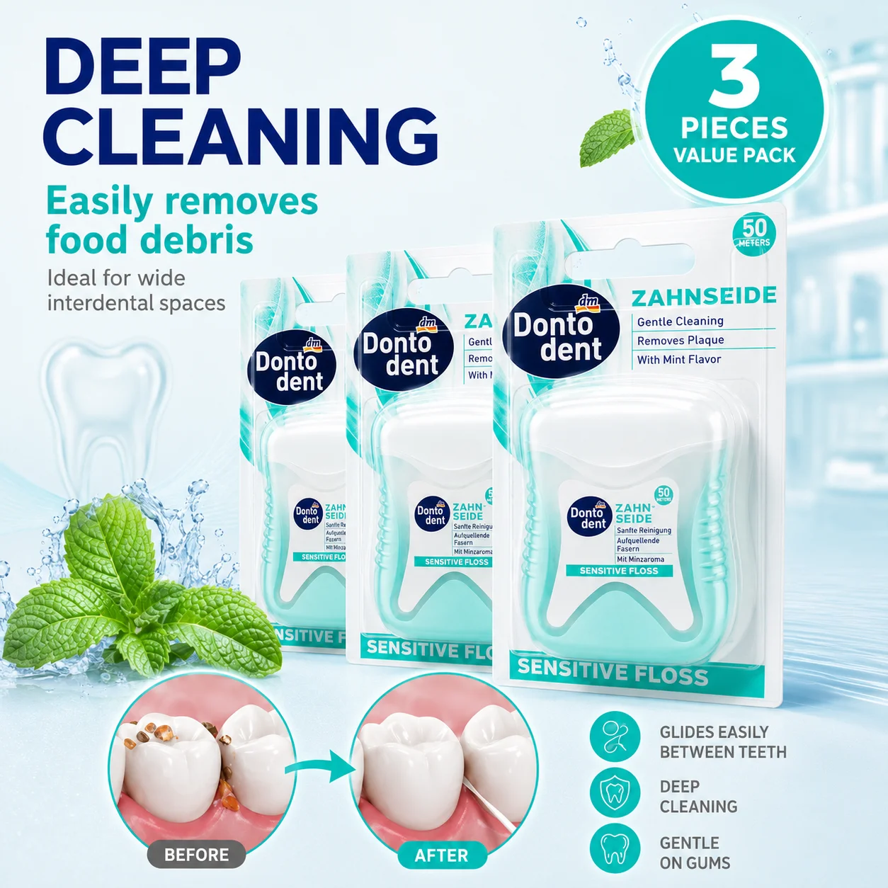 Dontodent interdental Sensitive Expanding Dental Floss 3-Pack 50m Mint Dental Flosser for Wide Teeth Gaps Oral Care Germany