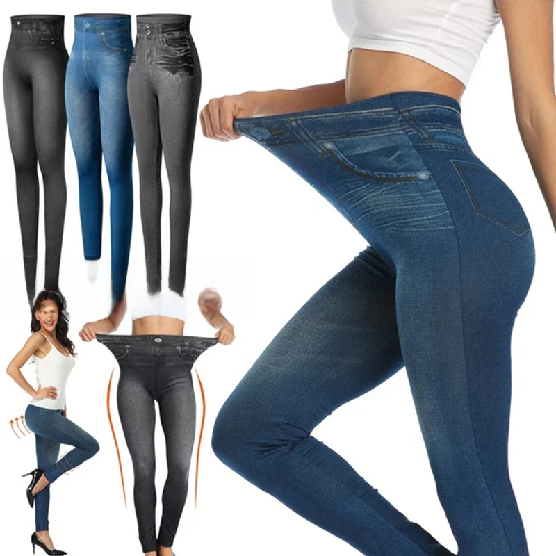 Push Up bezszwowe legginsy ze sztucznej skóry z wysokim stanem damskie dorywczo elastyczne dżinsy z kieszeniami spodnie z nadrukiem obcisłe legginsy ołówkowe Mujer — zdjęcie 2