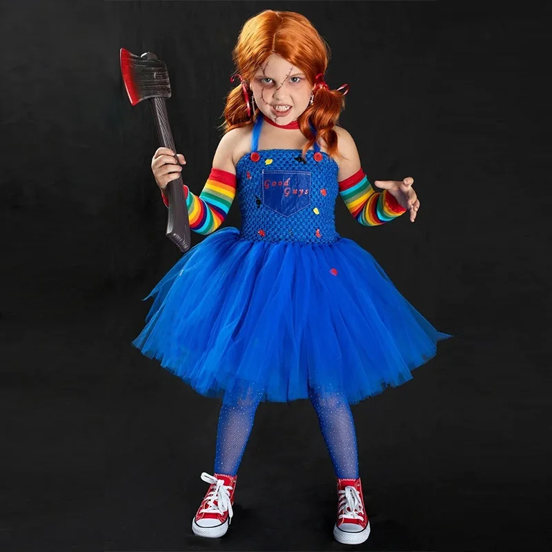 Crianças semente de chucky traje para meninas chucky tutu vestido assassino assustador bons caras chucky boneca traje de halloween para criança