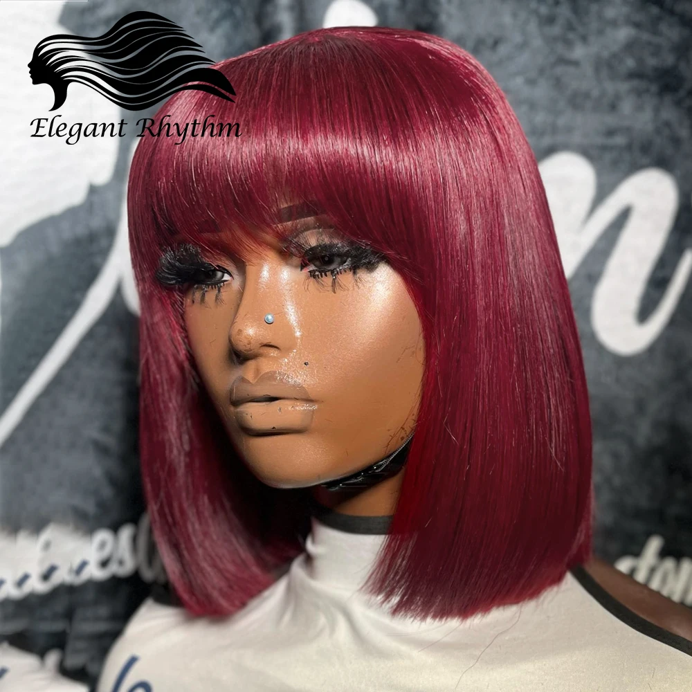 

99J Straight Bob Human Hair Wig With Bangs 180% Density Full Machine Made Wigs For Black Women Burgundy Colored Short Bob Wigs