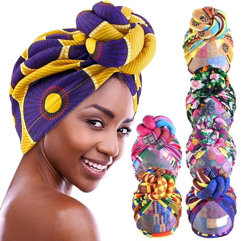Nowy elegancki turban w kwiaty wstępnie wykonany wiązany chusta na głowę wesele stroik damski chustka czepek po chemioterapii afrykański kapelusz Turbante Mujer — zdjęcie 2