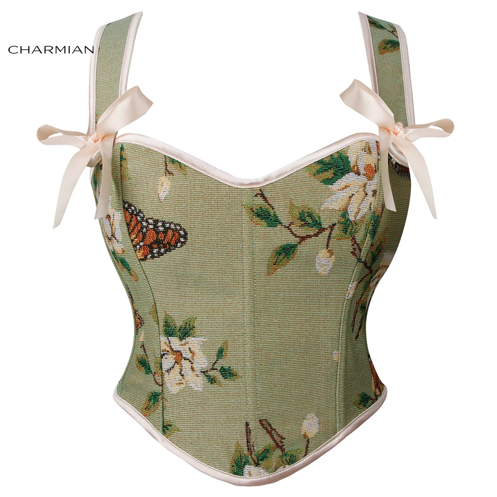 

Charmian Renaissance Crop Top Womens Vintage Floral Patterns Short Style Corset Bustier Top Medieval Victorian Tank Top Camisole