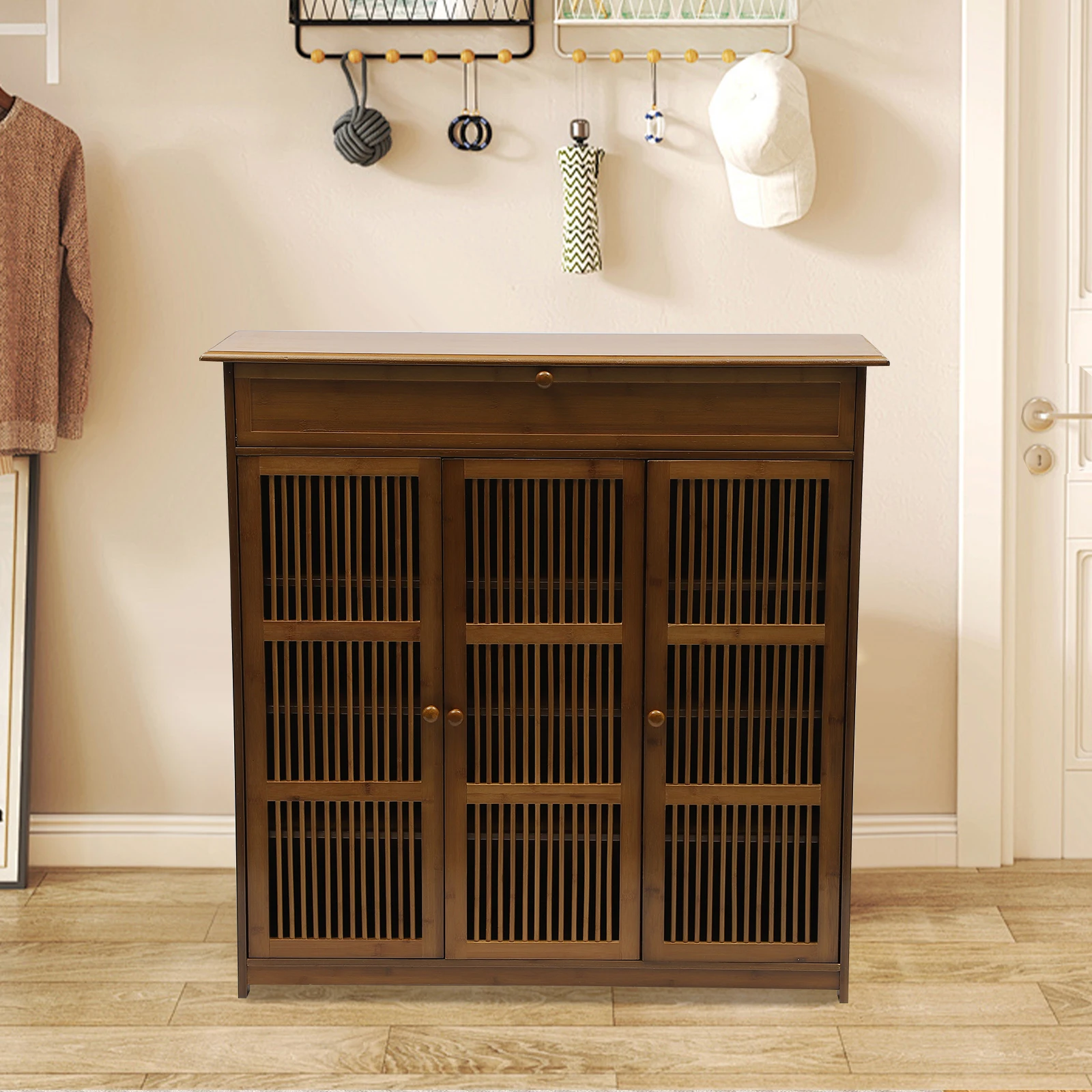 منظم خزانة أحذية من الخيزران مكون من 4 طبقات، خزانة أحذية للمدخل، منظم رف الأحذية مع أبواب مناسبة للمنزل، جديد