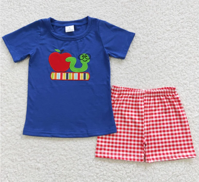 

Boutique Boys Clothing Back To School Shorts Set Summer Baby Boy Clothes School Bus Apple Pencil Print Cute Kids Clothing Outfit