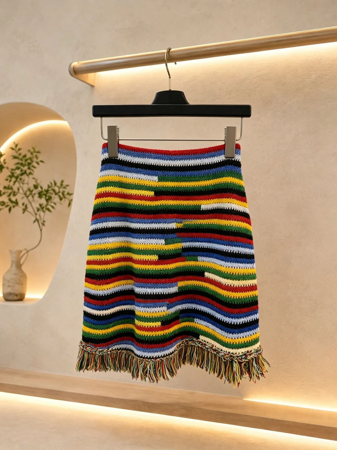 

2026 Women Skirt Hand Crochet Rainbow Multicolor Striped A-Line Mini Elastic High Waist With Multi-Tassel Hem