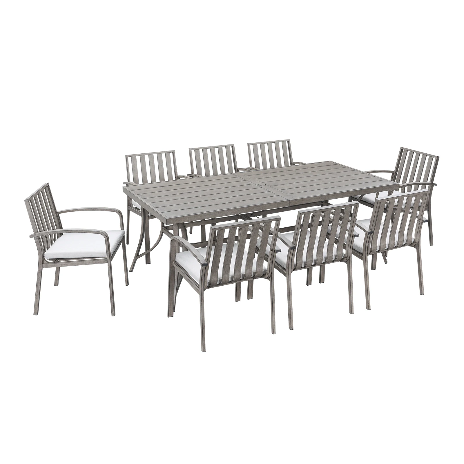 طقم طعام فناء مكون من 9 قطع من SeeHill، طاولة ألومنيوم مع 8 كراسي ووسائد، فتحة مظلة، سطح السفينة، الحديقة، الفناء الخلفي، بلوط محدود