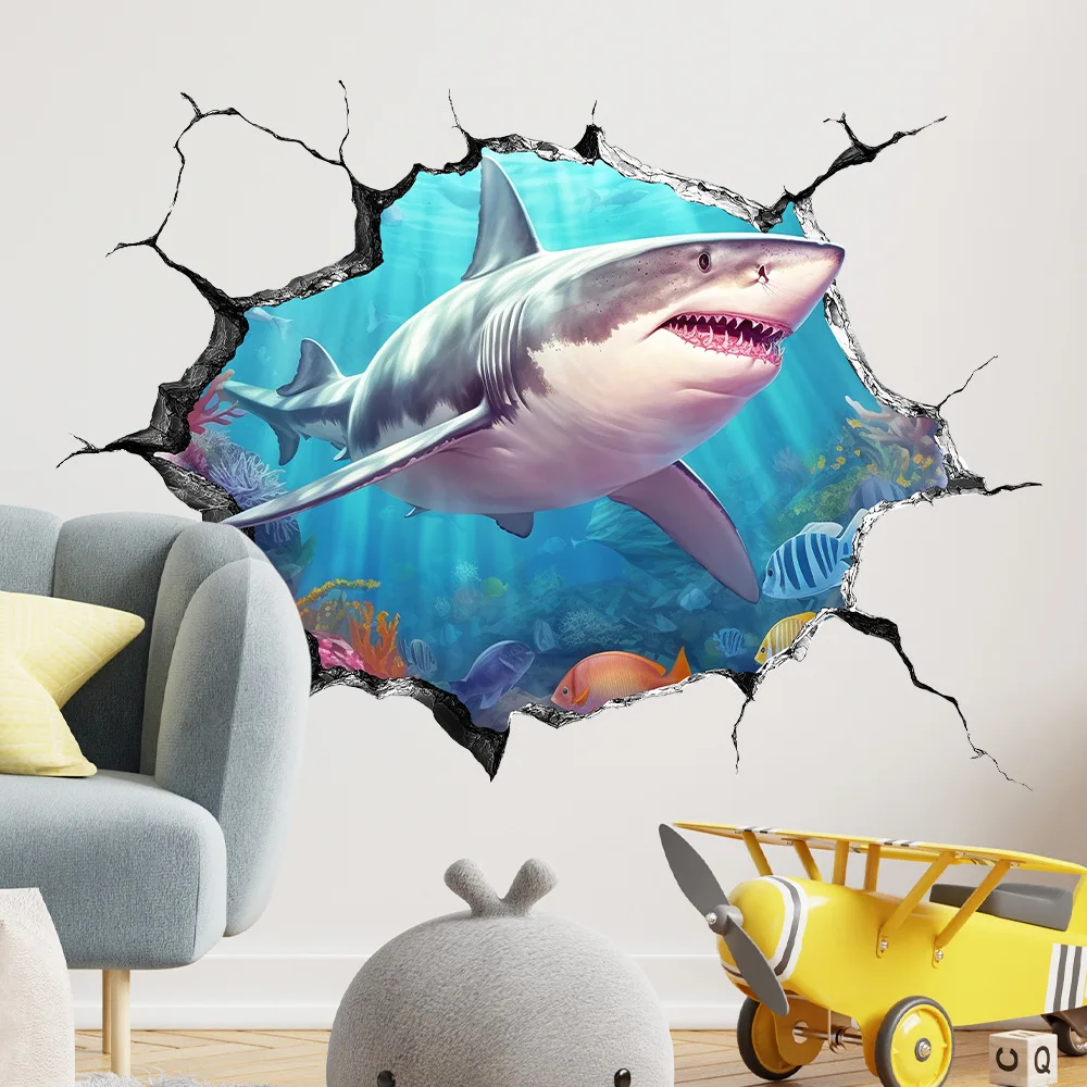 1Pc Fantasy Fun Great White Shark Wall Sticker with Deep Sea Scene, Self-Adhesive Pvc Wall Decoration, Perfect Holiday Gift, Suitable for Cabinets, Doors, Windows, Bathrooms, Bedrooms, Kitchens, Living Rooms, Glass, Tiles, and Wall Decoration, Cute and Attractive Stickers That Are Practical and Easy to Use, Creating a Cozy Space
