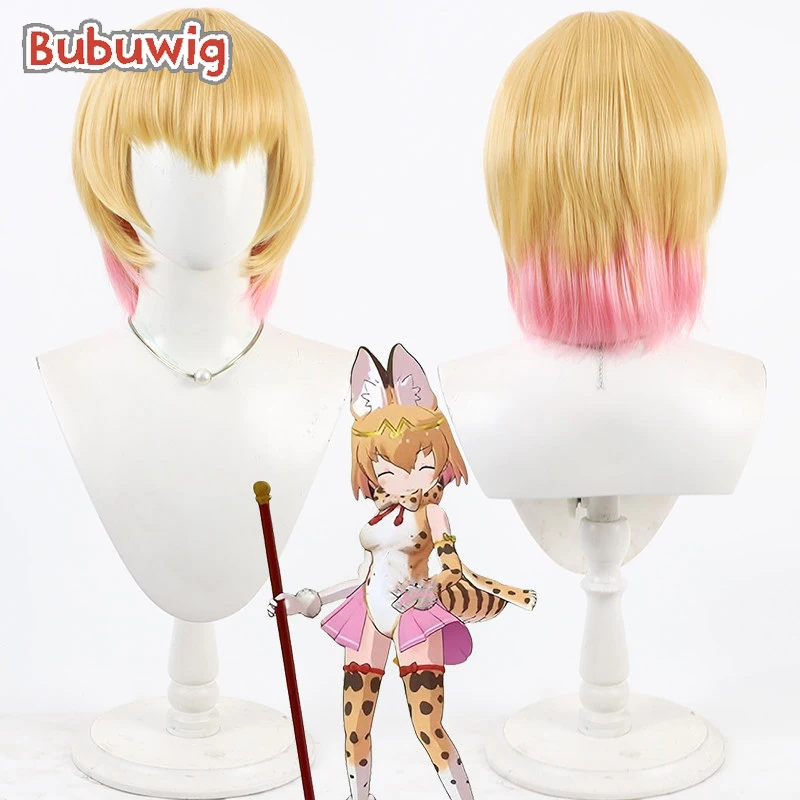 

Bubuwig Synthetic Hair Leptailurus Serval Cosplay Wigs Kemono Friends Sābaru 30cm Short Blonde Mixed Pink Wig Heat Resistant