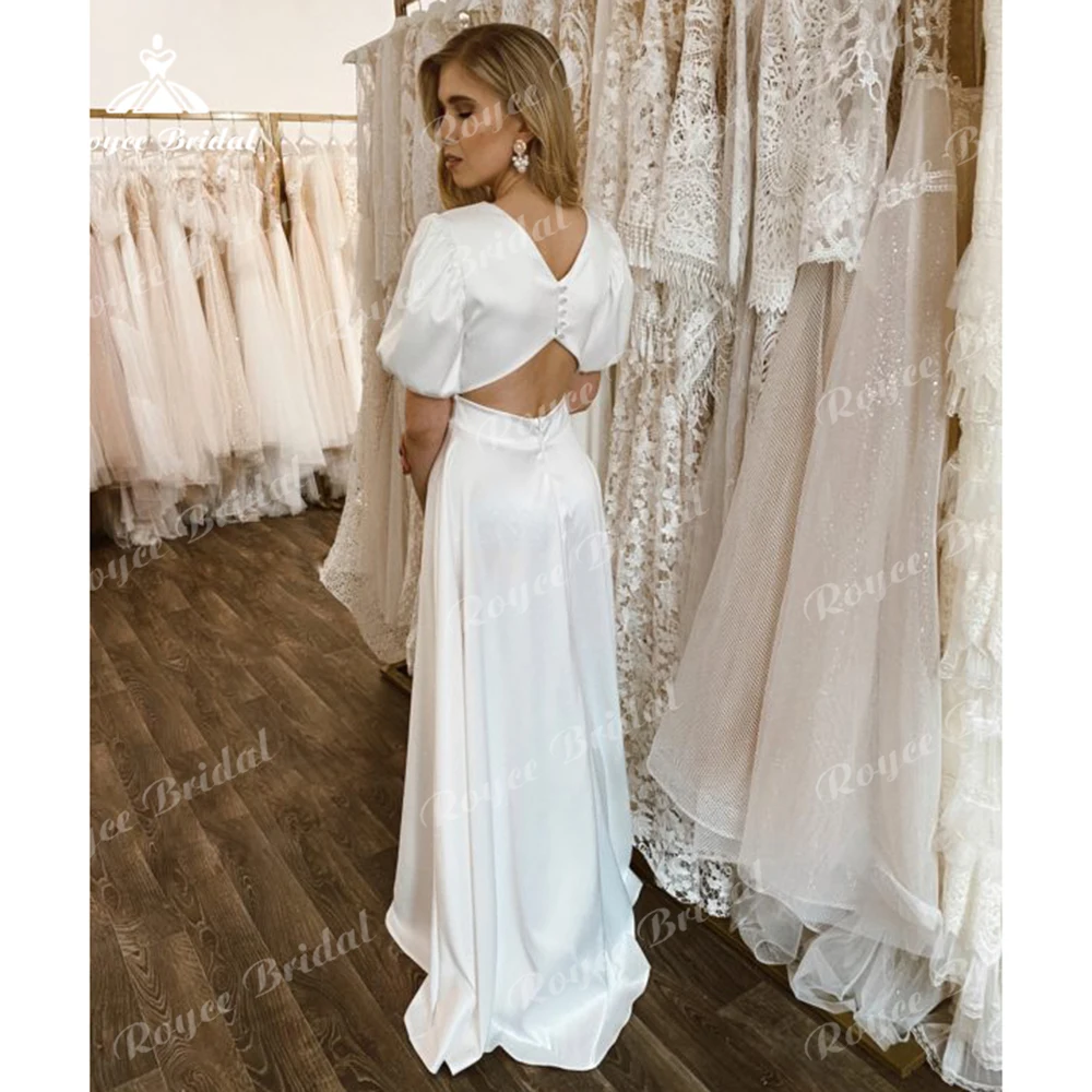 Simple O Neck Short Puff Sleeve Sexy Open Back Button Pleat Satin A Line Wedding Dress Boho Bridal Gown Sweep Vestidos De Novia