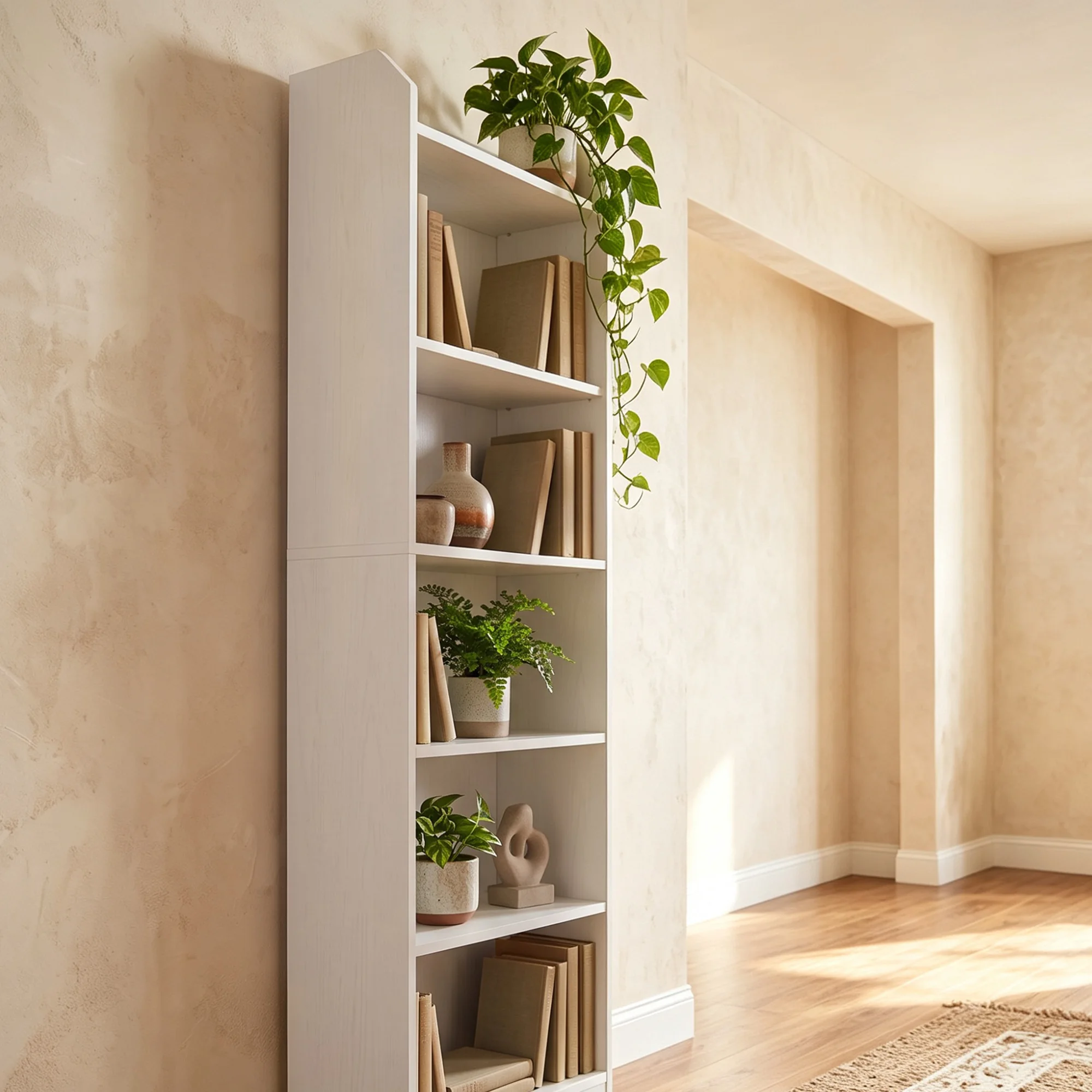 Libreria in legno con lavagna bianca, da posizionare a terra, con sei ripiani e design senza cornice, ideale per l’organizzazione di libri in casa, per lo studio e per la decorazione del soggiorno.