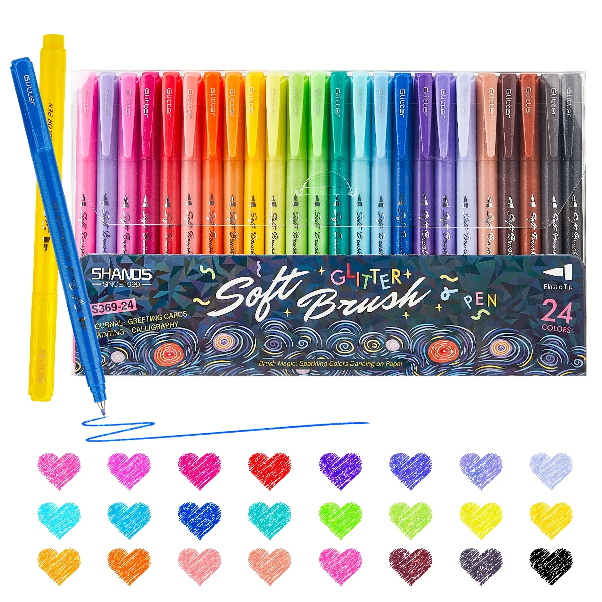 24Pcs Aesthetic Glitter Brush Pens Flexible Soft Tip Sparkle Colored Marker Set for Hand Lettering Scrapbooking Card Making Stat