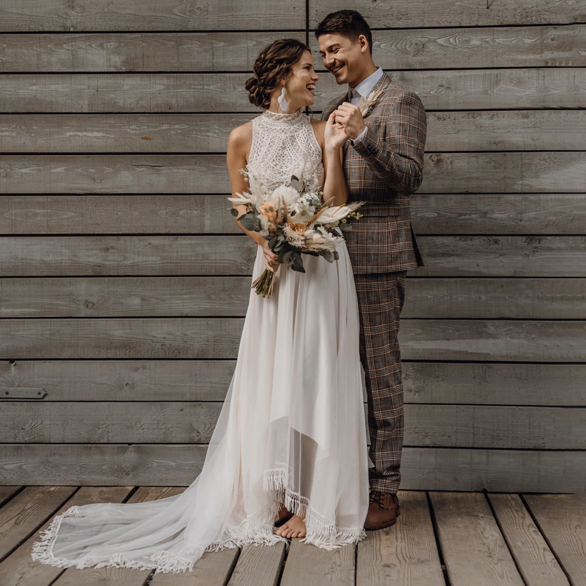 Duas peças saia franjas mock neck boho vestidos de noiva personalizado chiffon uma linha aberta volta borlas rendas vestido de casamento separado