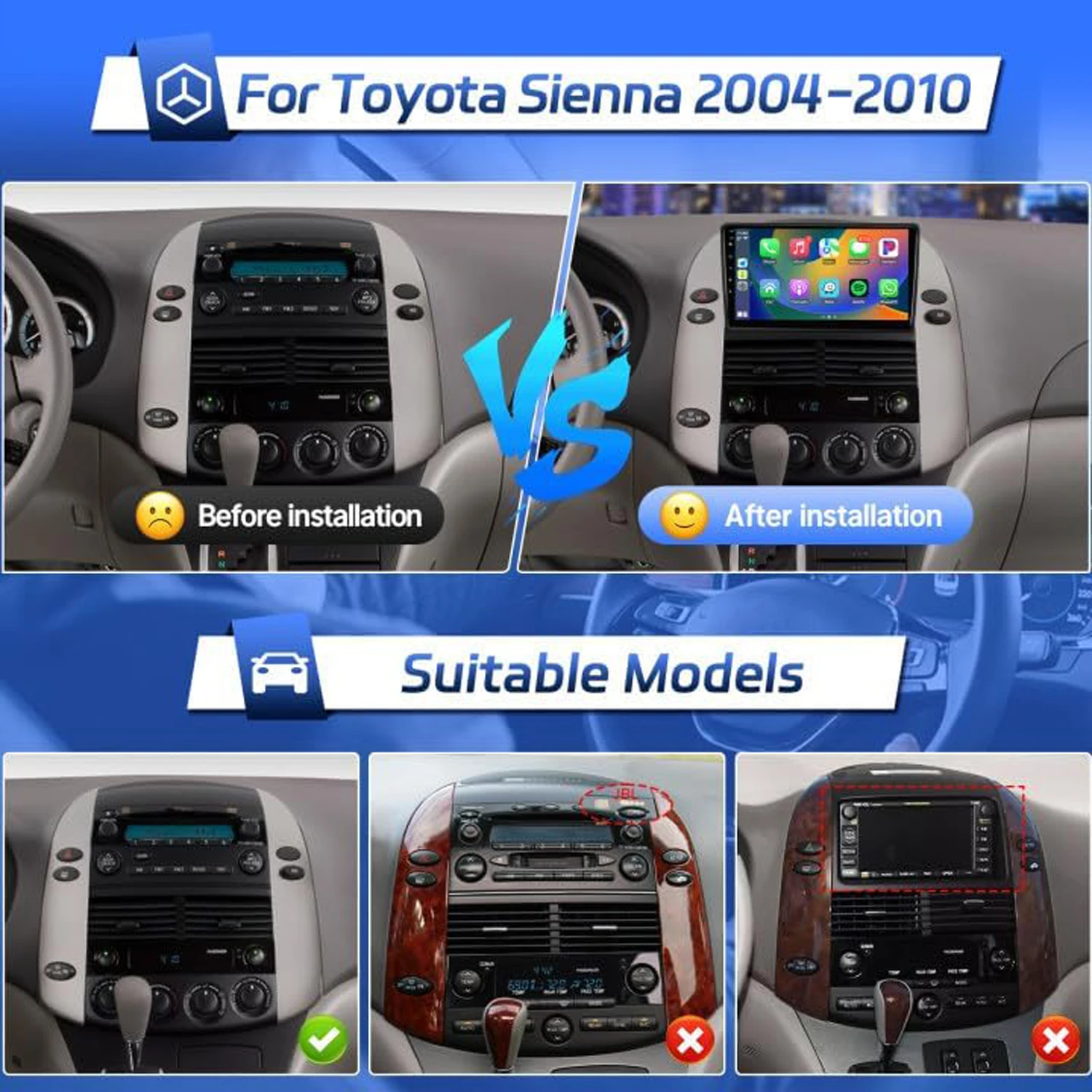 9 Inch Wireless Car Radio for Toyota Sienna 2004-2010 CarPlay Android Auto HD Touchscreen Car Stereo with Backup Camera GPS WIFI