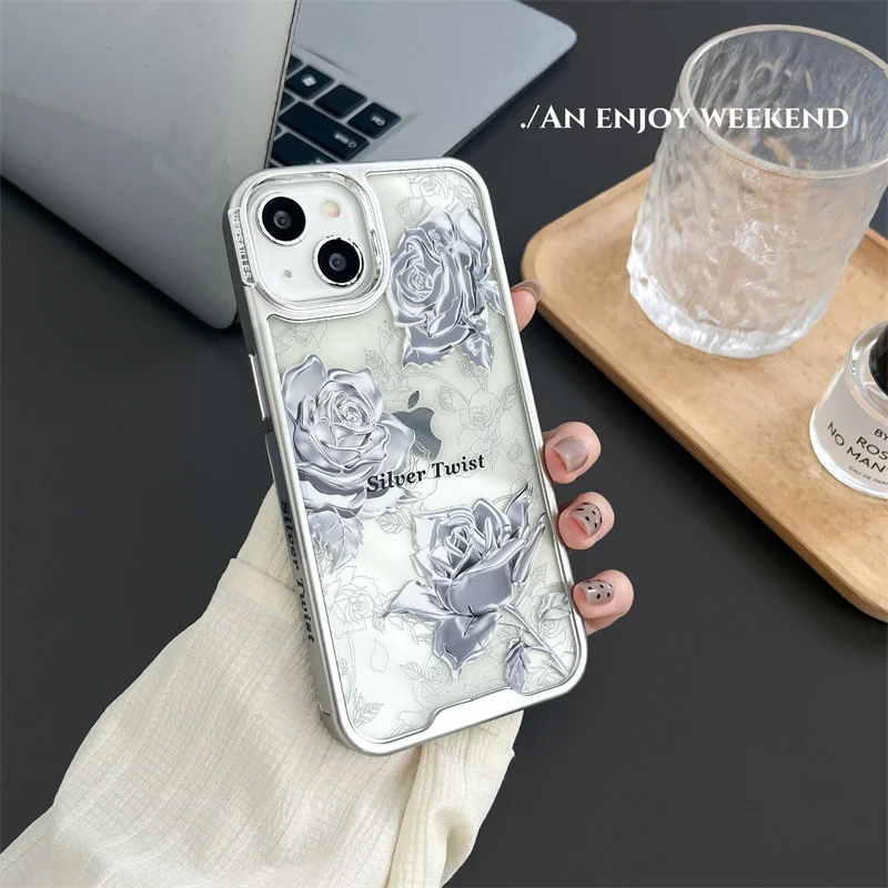 Japanese and Korean wind silver rose for Apple 13 14 15promax 13 14 pro cold wind full package new creative anti-fall phone case