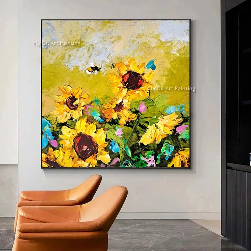 Sunflowers Natural Oil Painting Honeybee Original Art Flowers Impasto Canvas Painting Hand Painted Floral Yellow Wall Art Decor