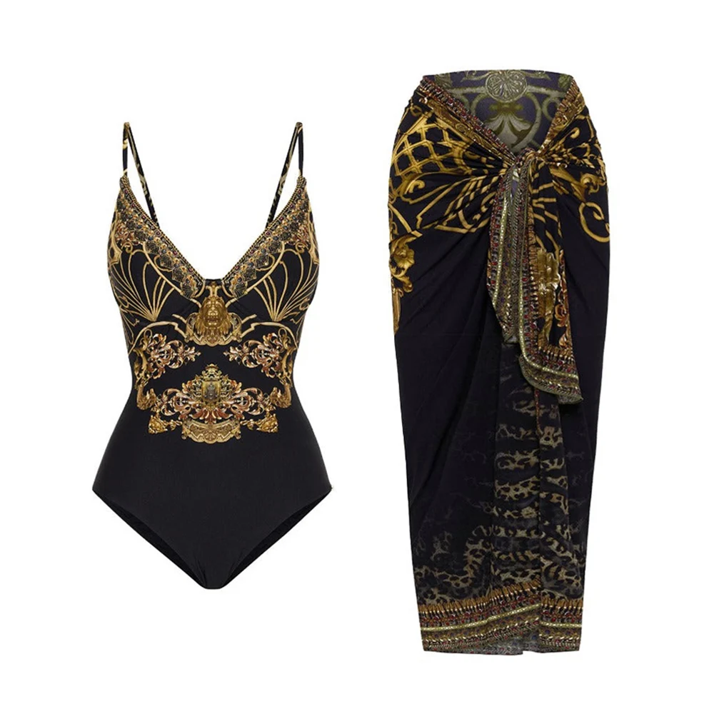 Black Gold Fashion Print Floral Swimsuit Set 2022 Luxury Shorts Bourkini Monokini With Cover Up Sexy Swimwear  Girls Patchwork