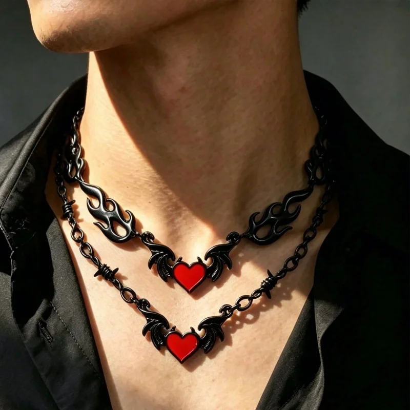 2Pcs Gothic layered necklace, black flame wing red heart pendant with barbed wire chain necklace, punk jewelry