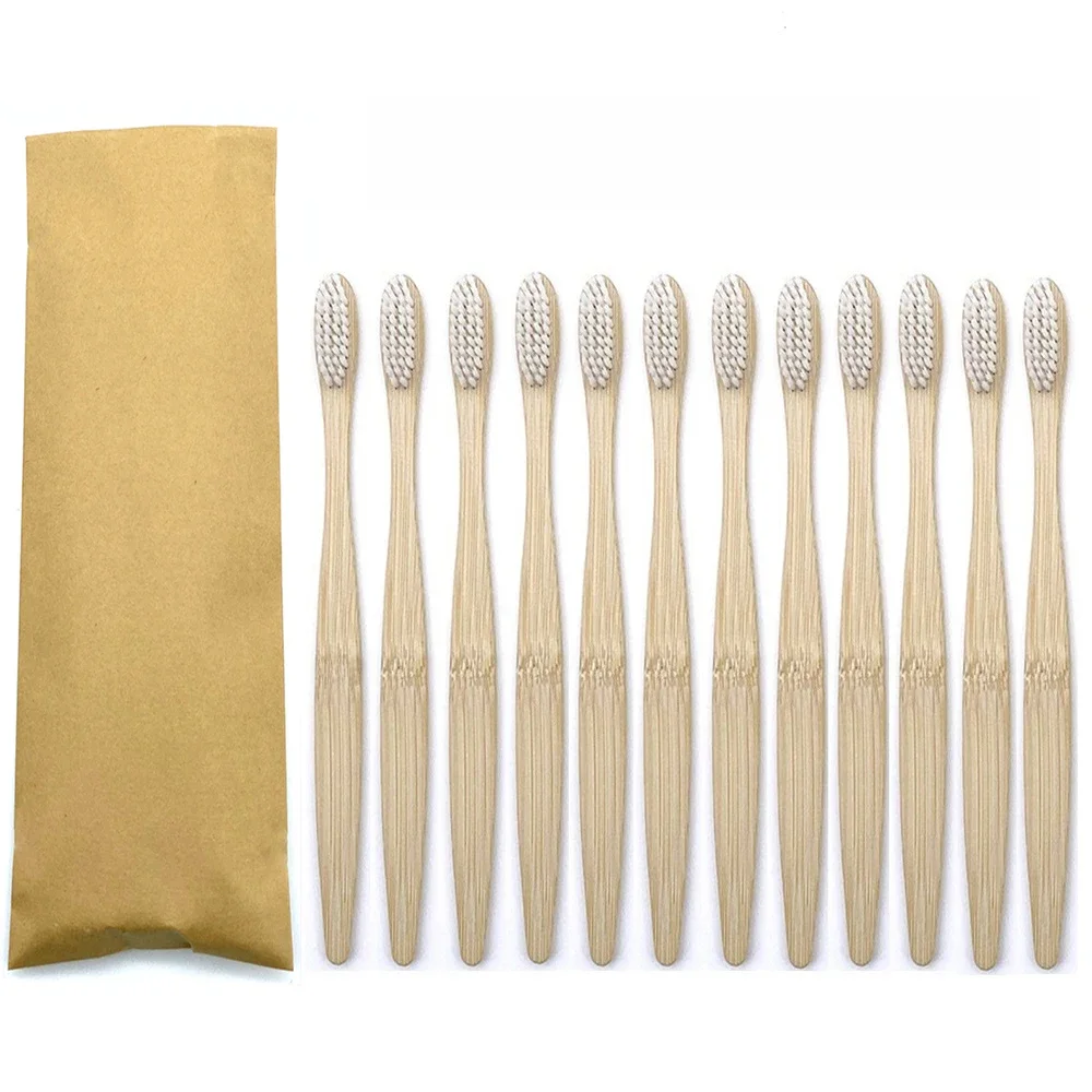 Brosse à dents en bambou de couleurs mélangées, 12 pièces, brosse à dents en bois écologique, pointe à poils souples, charbon de bois, soins buccaux pour adultes