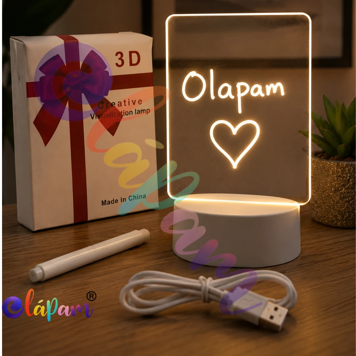 Luminária LED 3D Acrílica Para Escrever Mensagens Recados Desenhos Com Caneta Apagável USB Decoração Quarto Mesa Presente