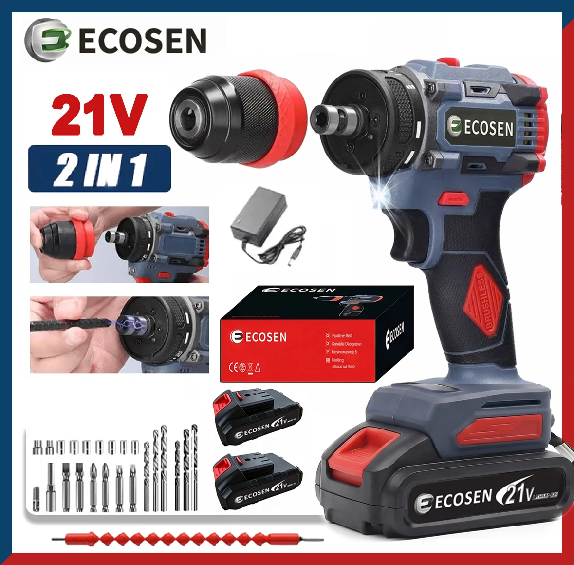 Furadeira de Parafusar Sem Fio Recarregável ECOSEN, Bateria de Íon de Lítio, Kit Completo com Bits e Extensão, 2 Versões