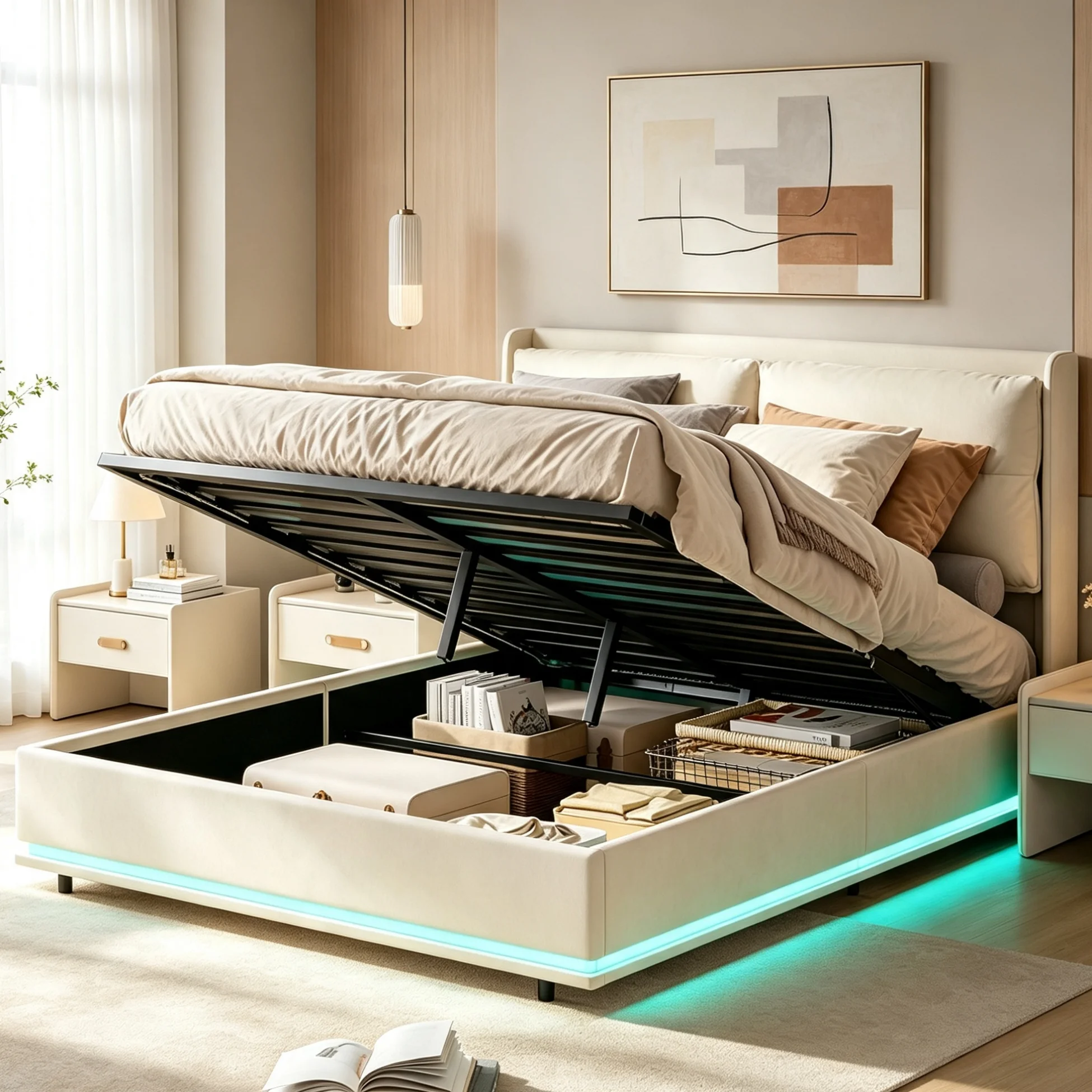 Lit rembourré Simurq 160x200 cm avec espace de rangement, lit avec rangement et vérin hydraulique, lit hydraulique avec tête de lit de rangement, lit double avec sommier à lattes, lit pour jeunes avec coffre de rangement, velours, matelas non inclus, blanc cassé