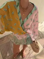 Women's Boho Paisley Color Block Romper Long Sleeve V Neck Tie Waist Beach Vacation Playsuit Shorts - Image 5