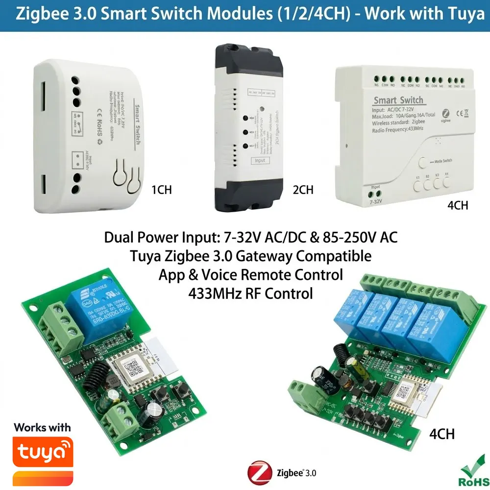 Zigbee 1/2/4CH 3.0 Gateway 7-32V 220V 85-250V RF Smart Wifi Switch Module App Remote Control 433 10A Work With Tuya