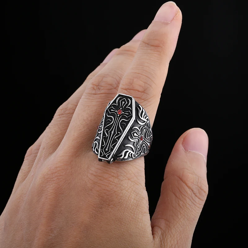 2024 New Gothic Band Personalized Vampire Diaries Coffin Ring For Men Women Stainless Steel Male Anel Gift For Him