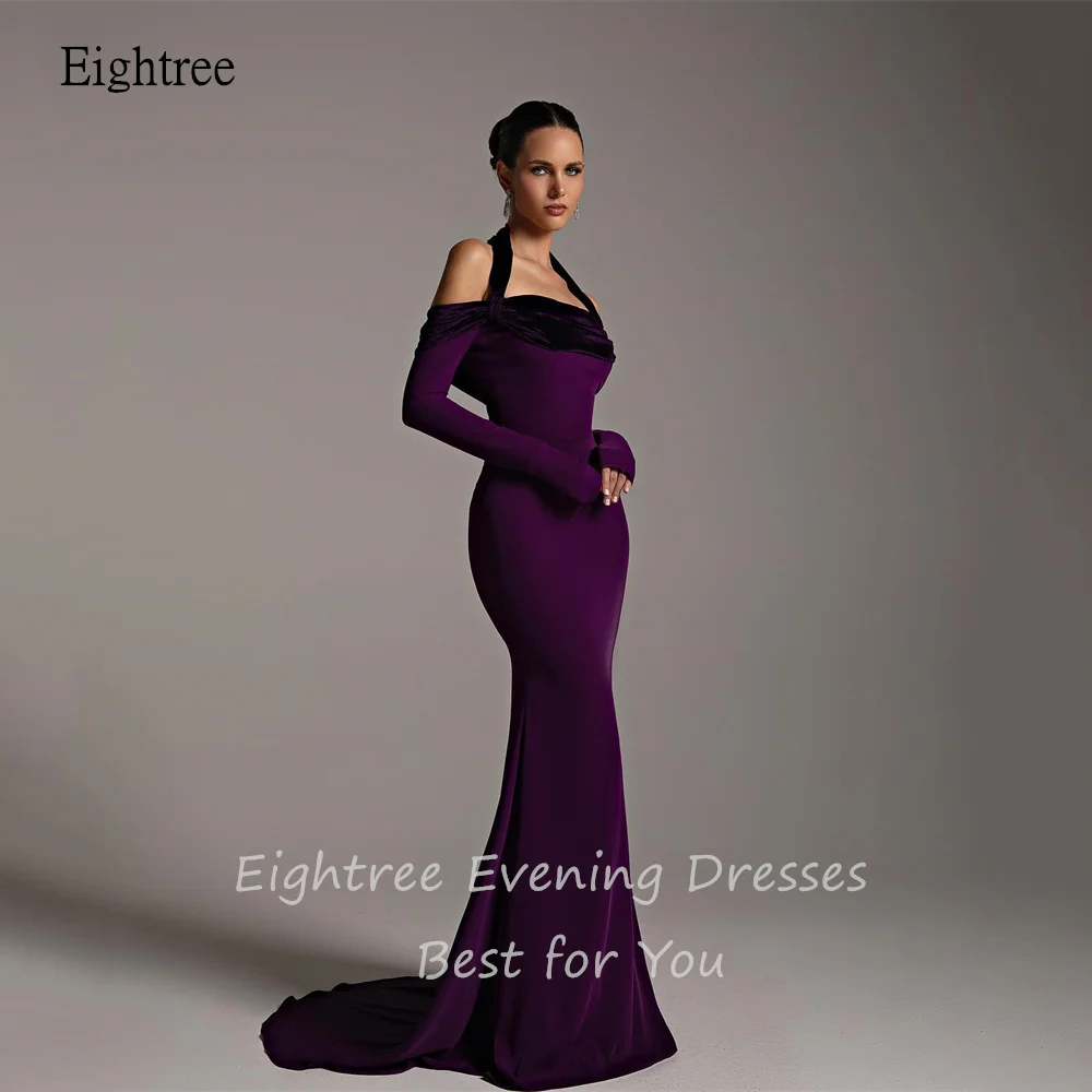 Eightree Elegant Dark Purple Mermaid Evening Dresses Halter Prom Gown Backless Short Formal Party Gowns vestidos de fiestas