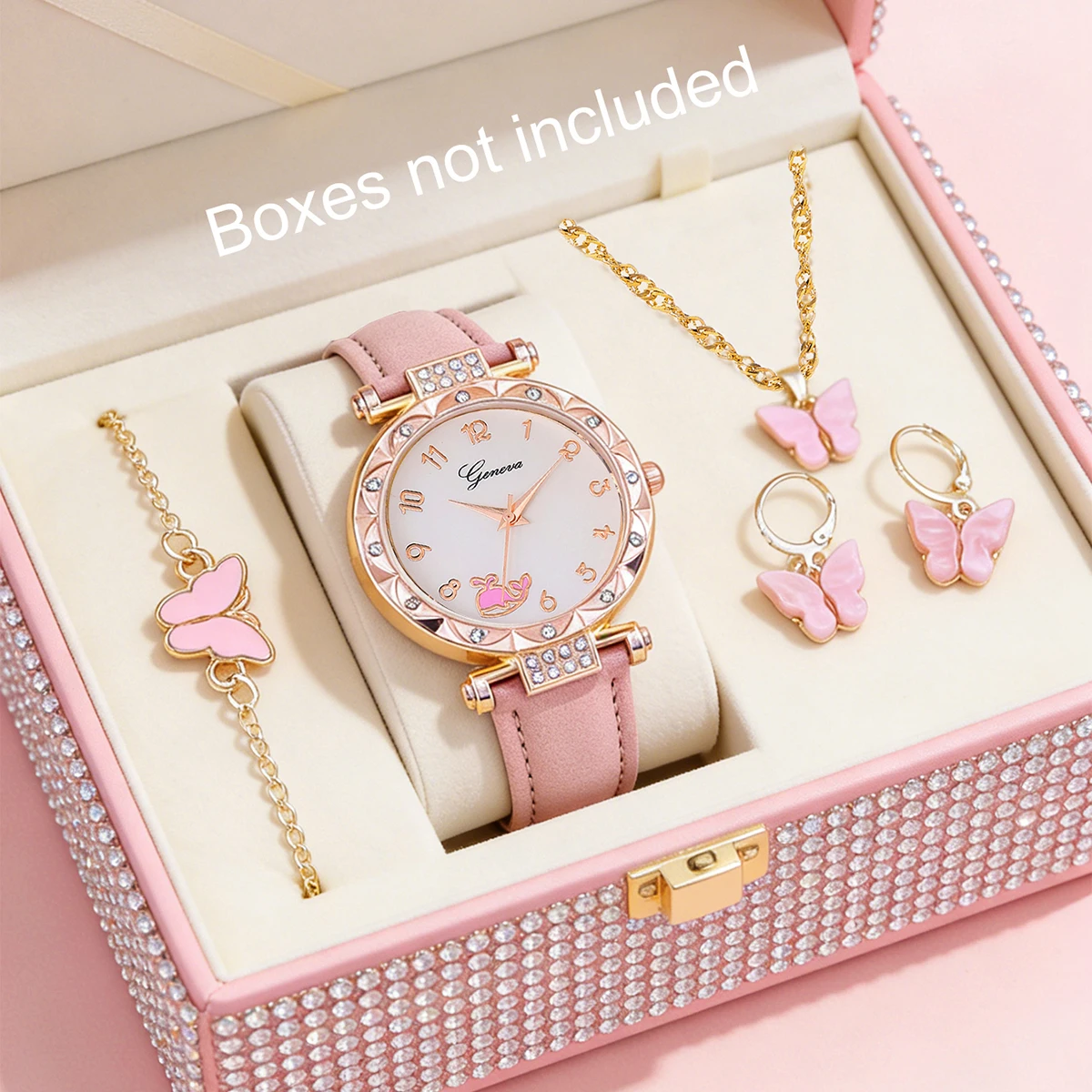 5-Piece Set, Casual and Simple Cute Quartz Watch with Butterfly Bracelet, Necklace, and Earring Set, Cute and Charming, Versatile for Everyday Wear, Suitable for Daily Wear, Holiday Gift.