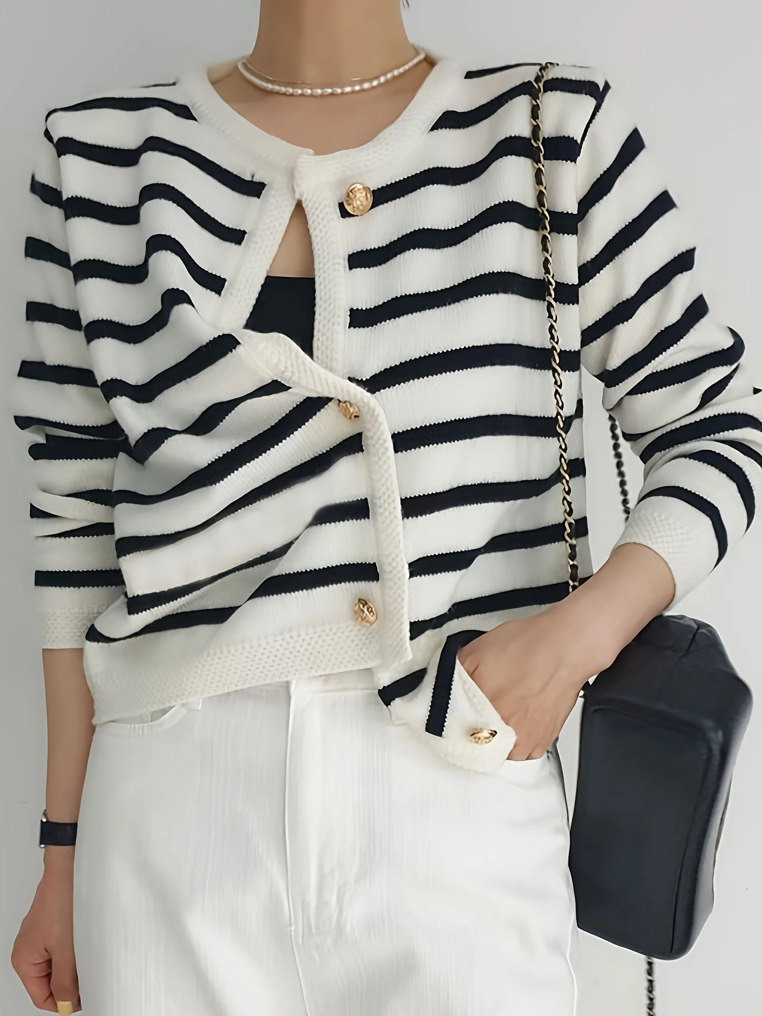 Chic Striped Cardigan Sweater Soft Long Sleeve Crew Neck Button Front Elegant Fall Fashion Women Cozy Clothing For Everyday Wear