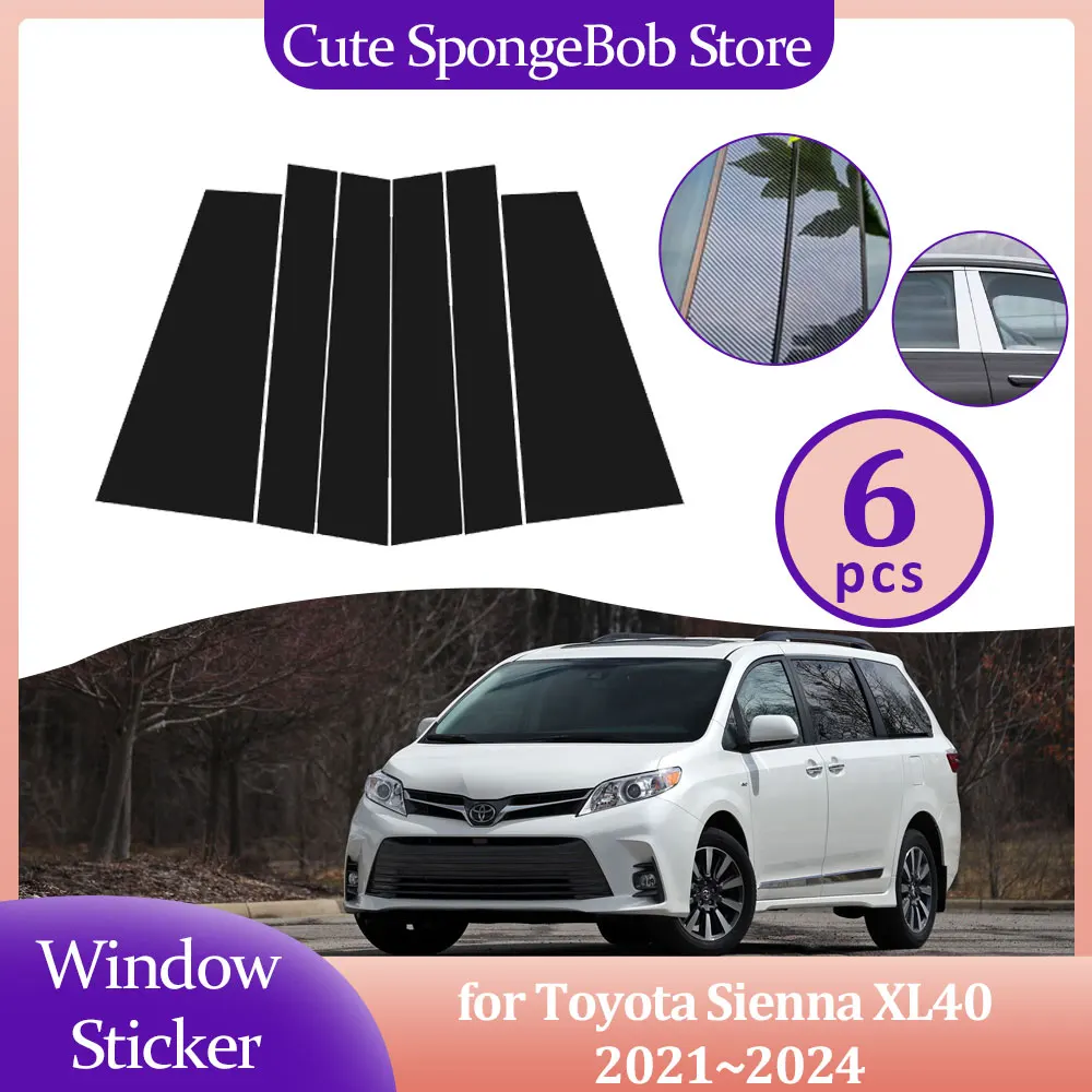 Car Door Window Sticker for Toyota Sienna XL40 2021~2024 2022 Carbon Fiber Chrome Glossy Black Pillar Posts Decal Accessories