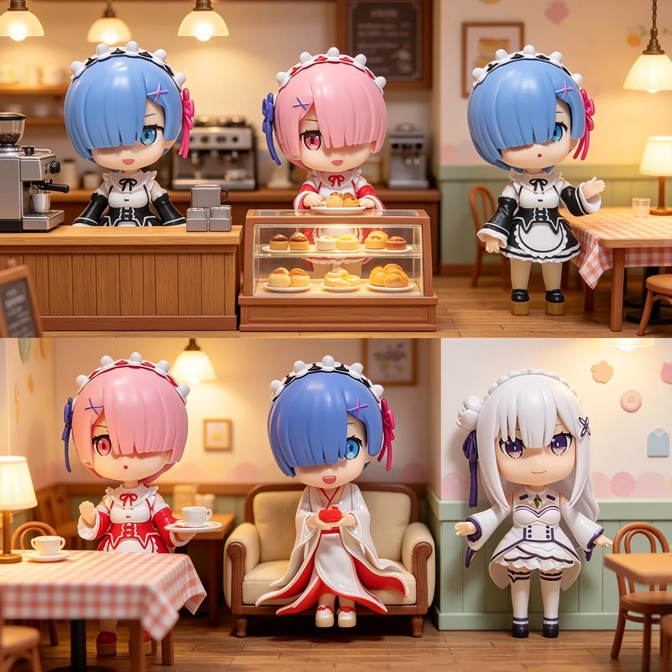 1/6Pcs Set Zero Rem Ram Emilia Chibi Figures - Maid & Kimono Styles Ideal for Display And Collection view 2