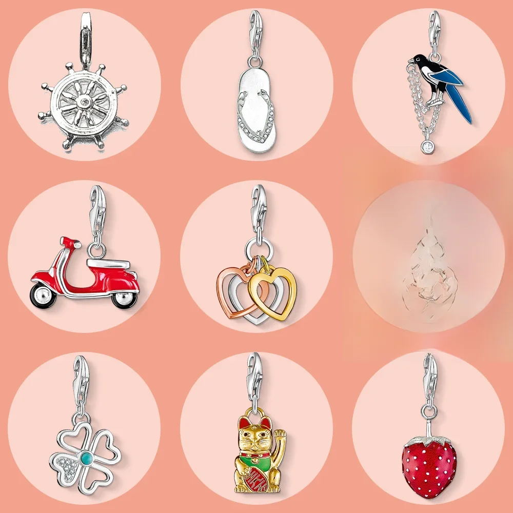 Korm Flip-flop sroka motocykl serca koniczyna kot na szczęście truskawka wisiorek z amuletem, 2019 modna biżuteria 925 Sterling Silver Gift — zdjęcie 2