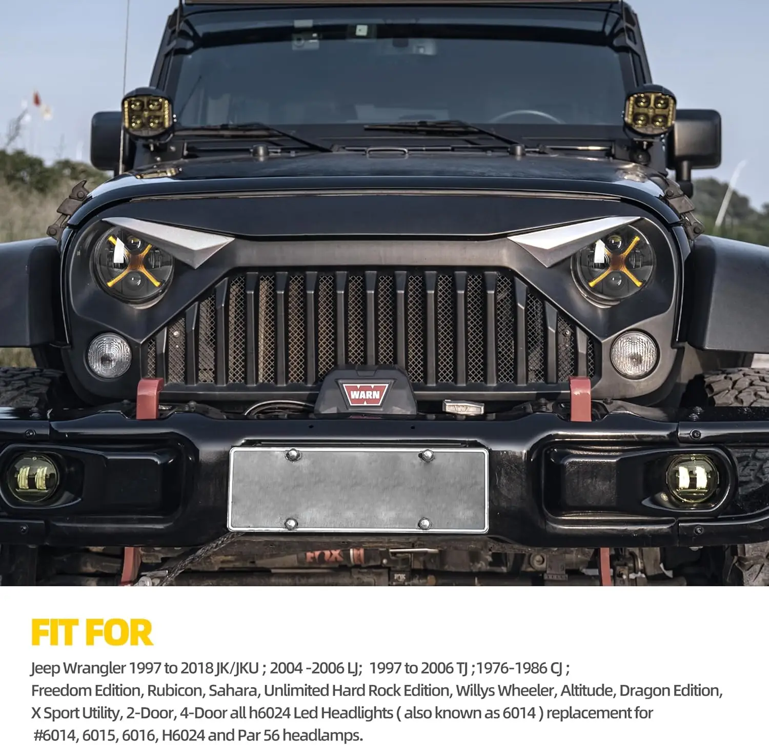 7-inch car headlights - Cool X-shaped smoked yellow DRL with high/low beam, suitable for Jeep Wrangler JK07-18