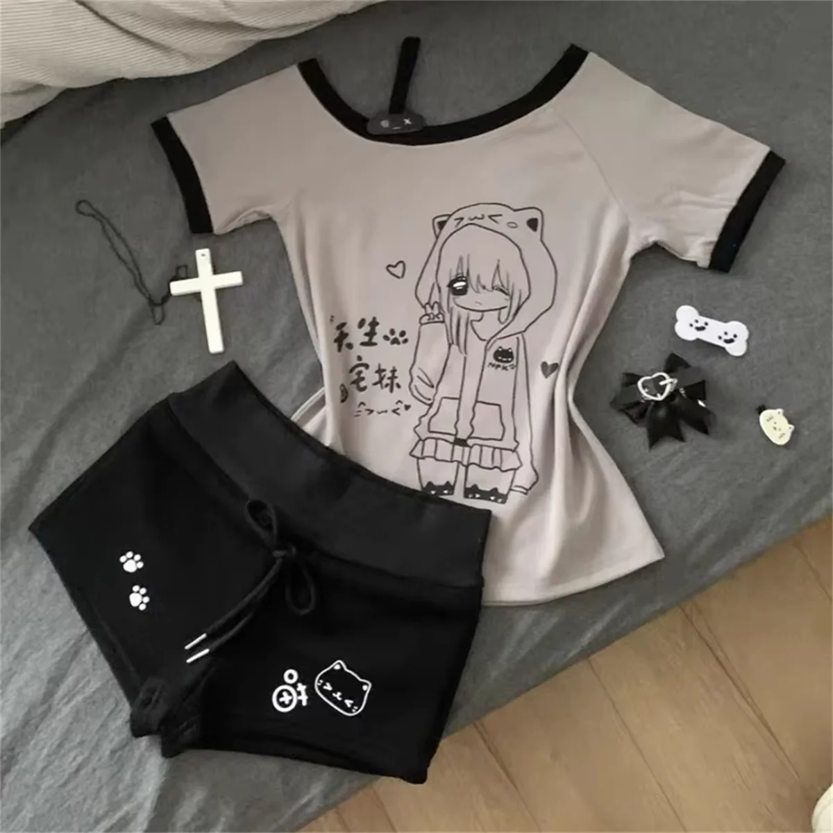 Damen-Shorts mit Kawaii-Bär-Aufdruck, japanischer süßer Sommer-Casual-Harajuku-Stil, elastische Taille, Damenhose, modische Shorts für Damen, Y2K – Detail 2