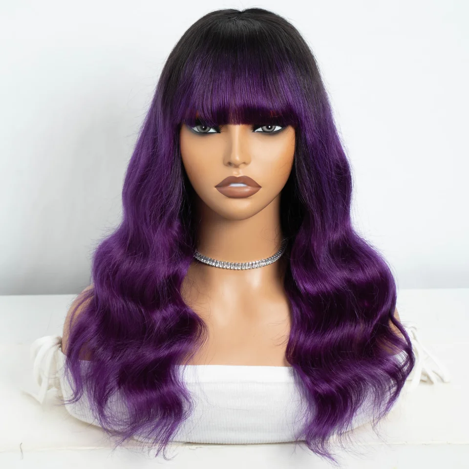 22inches Purple Body Wave Wig With Bangs Wear Go Wig With Bangs Brazilian Remy Hair With Baby Hair Machine Made Wigs For Women