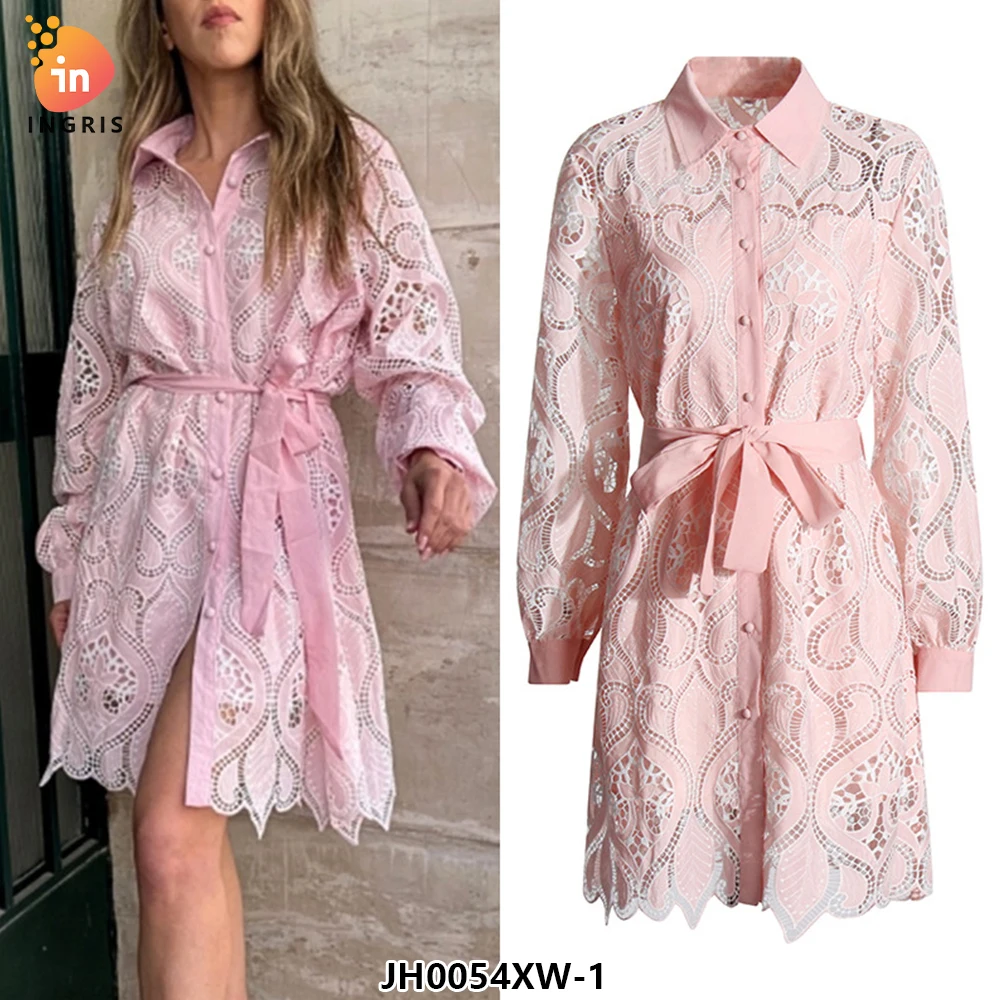 

Custom Women's French Retro Embroidered Short Dress Floral Midi Long Sleeved Flip Collar Cinched Waist Fashionable Irregular