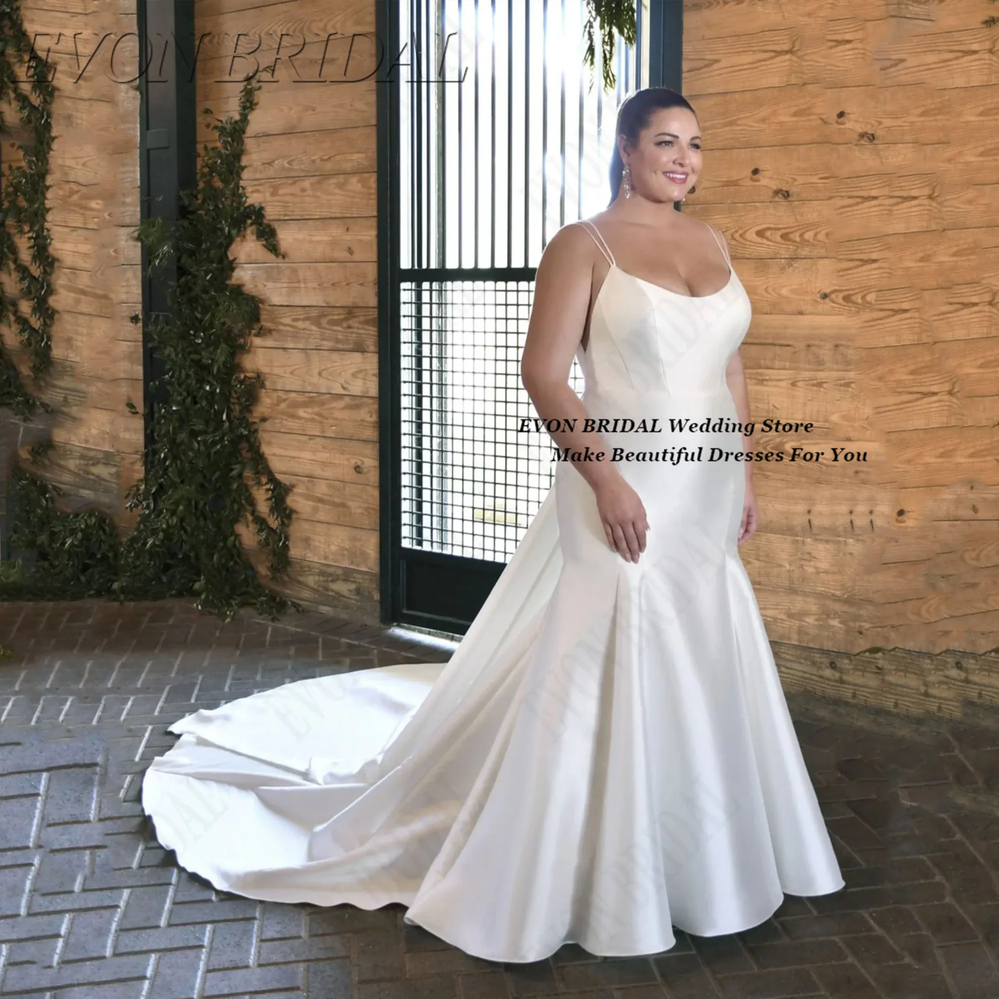 

Back Bow Plus Size Bride Dresses Spaghetti Straps Sleeveless Bride Gowns Classic Fishtail Wedding Dresses EVON BRIDAL Customized