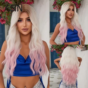 ESIN Long Platinum Body Wave Hair Wigs Highlights Pink Synthetic Hair Wigs For Women Hair Replacement Wigs For Daily Party