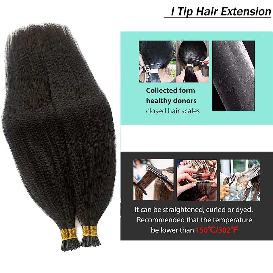 I Tip-extensiones de cabello humano liso Yaki, mechones de pelo de queratina de fusión fría, extensiones de cabello Remy Real