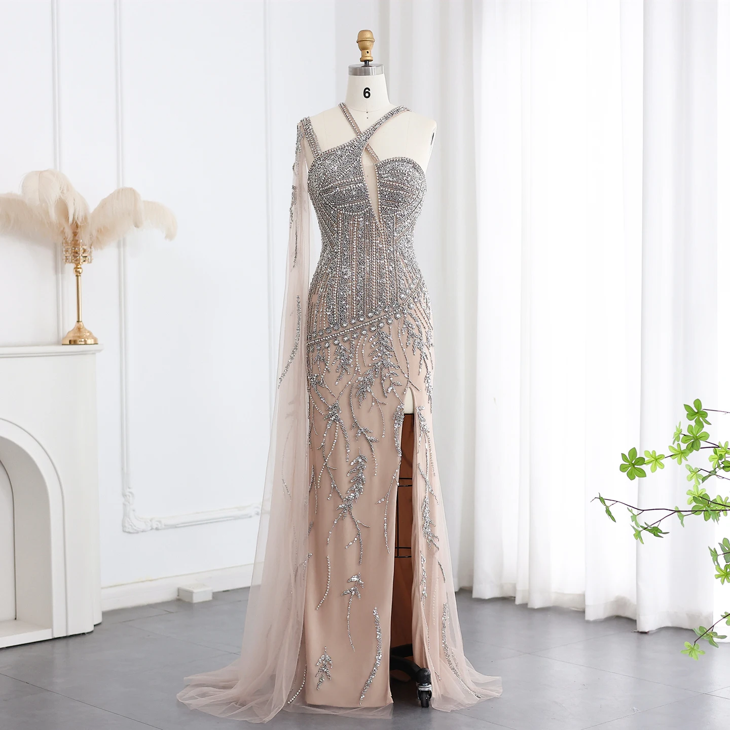 Sharon Said Luxury Beaded Nude Evening Dress Cape One Shoulder Side Slit for Dubai Formal Party Gowns Wedding SS154 Customized